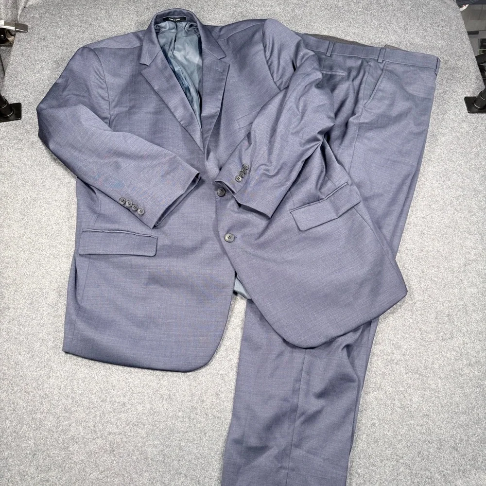 Mens 2 Button Suit Set Blazer and Trousers Blue Grey Textured Modern Fit